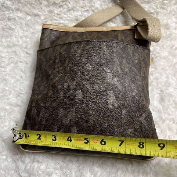 Michael Kors Monogram brown coated canvas tan leather trim small crossbo… - Picture 6 of 15